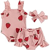 xkwyshop Infant Baby Girl Summer Outfit Strawberry Bow Ruffle Sleeveless Bubble Romper Shorts Set Waffle Newborn Clothes
