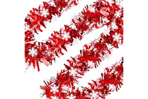 ACOSTOP Snowflake Christmas Tinsel Garland - 33ft Red Thick Metallic Garland for Christmas Tree Decor, Holiday Decorations for Indoor Outdoor Porch Window Fireplace Wall