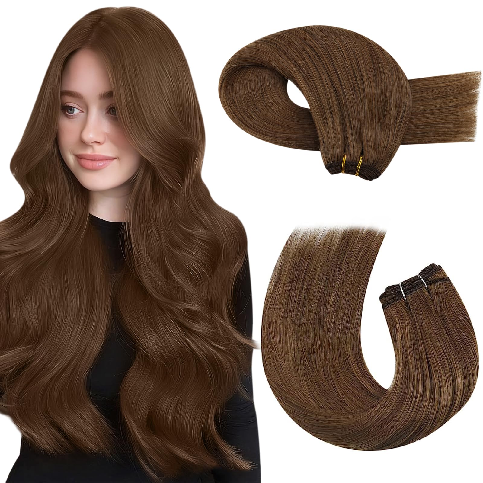 Moresoo Weft Hair Extensions Real Human Hair Brown Sew in Hair Extensions Chestnut Brown Double Weft Human Hair Extensions 24 Inch 100g/Pack #8 — image 1