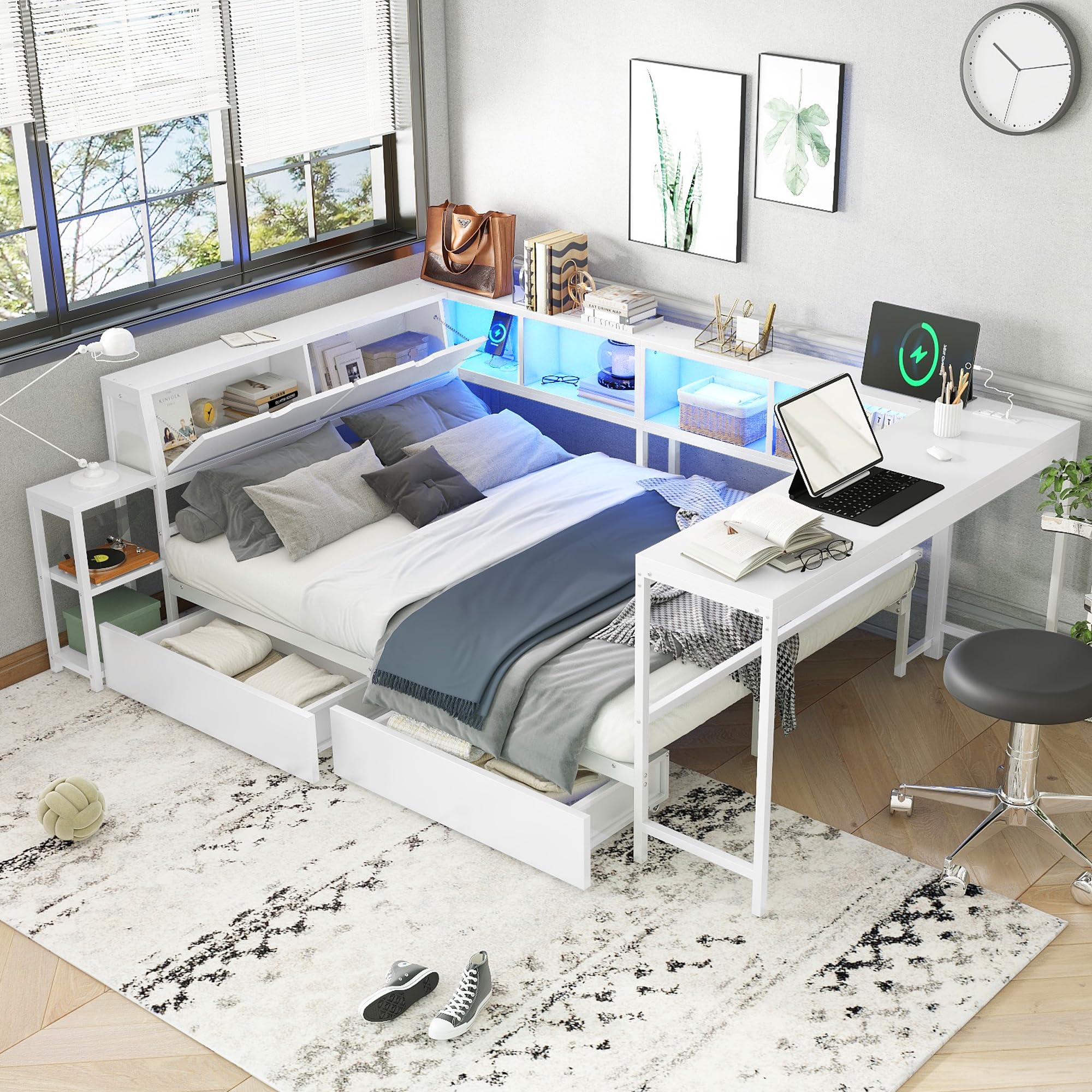 Photo 1 of ***STOCK PHOTO REFERENCE ONLY*** Bellemave Full Size Corner Bed Frame with Desk and Storage Drawers,Full Metal Platform Corner Bed Frame with Charging Station and LED Lights, Full Daybed for Kids Teens Guests,White