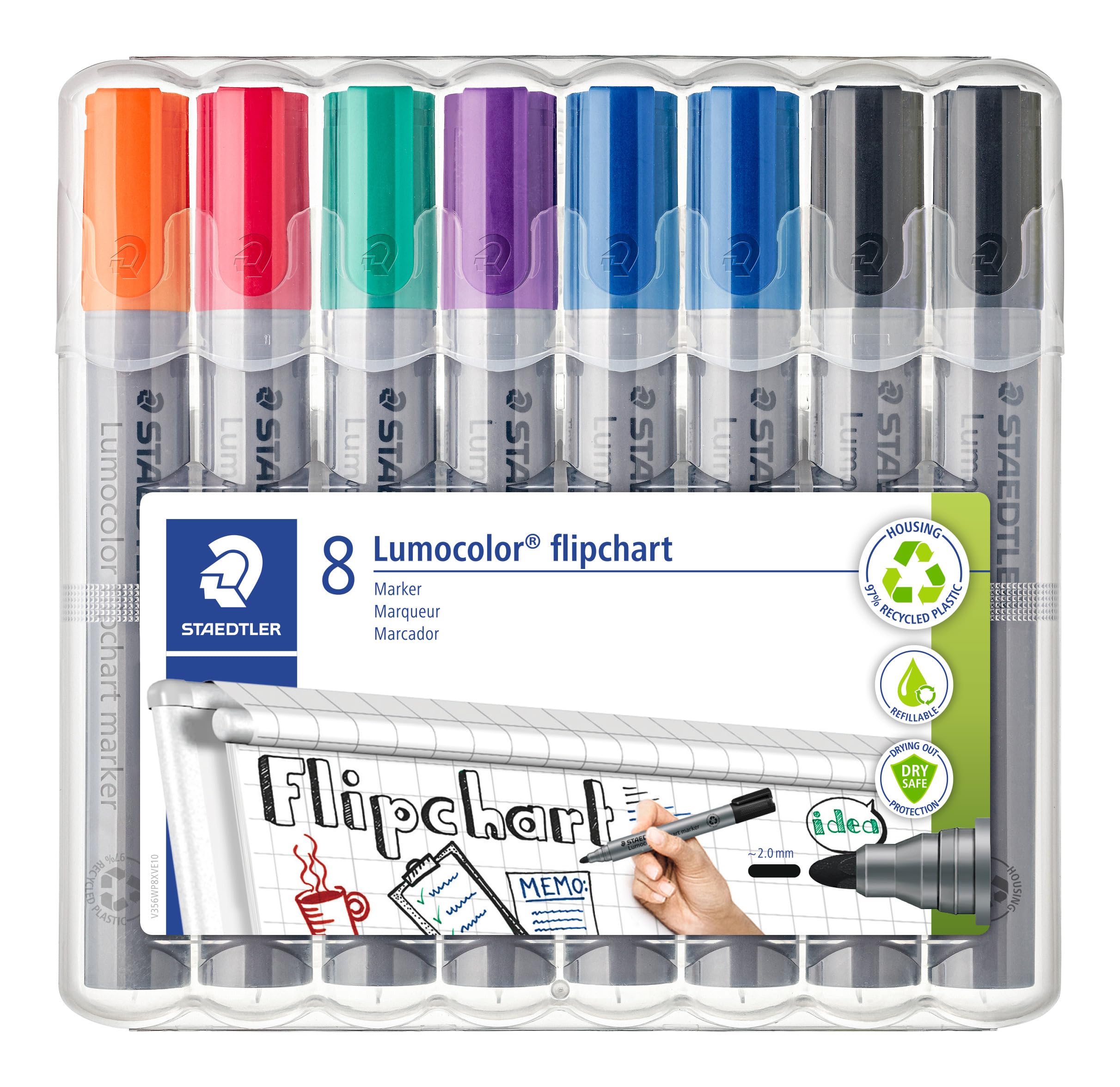 STAEDTLER Lumocolor 356 WP8X Flipchart Marker, Bullet Tip Approx. Line Width 2 mm, Set of 8 Colours, Ideal for Flipchart Pads, Colour-Intensive, Low-Odour,