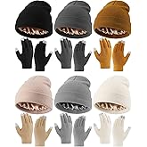 12 Pcs Women Beanie Hat Gloves Set Stain Lined Hats Fleece Hats Touchscreen Gloves Knit Mittens for Men Adult Cold Weather