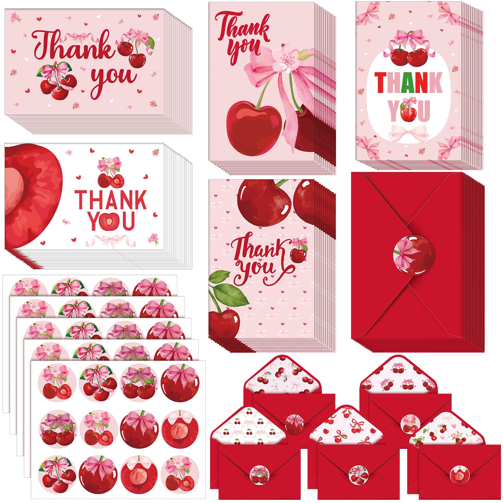 Photo 1 of 100 Sets Bow Thank You Cards with Envelope and Sticker Bulk 5.9x3.9 Inch Watercolor Coquette Bowknot Blank Note Greeting Cards for Wedding Bridal Baby Shower Birthday Party Supplies(Red,Cherry Bow)