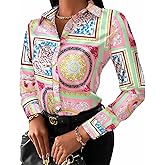 Buchona Outfits for Women Collar Blouses Button Down Shirts Colorful Long Sleeve Floral Print Tops Loose Sexy T-Shirts