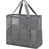 Fammart Mesh Beach Bag, Large Beach Tote with Zipper Pocket, Toys Pool Bag for Family Travel Vacation Cruise Essentials