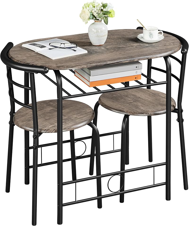 Yaheetech 3 Piece Dining Set Round Table & 2 Chairs, Modern, Drift Brown