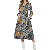 CYiNu Womens Floral Long Sleeve Midi Dress Deep V Neck Elastic Waist Boho Floral Dress for Women