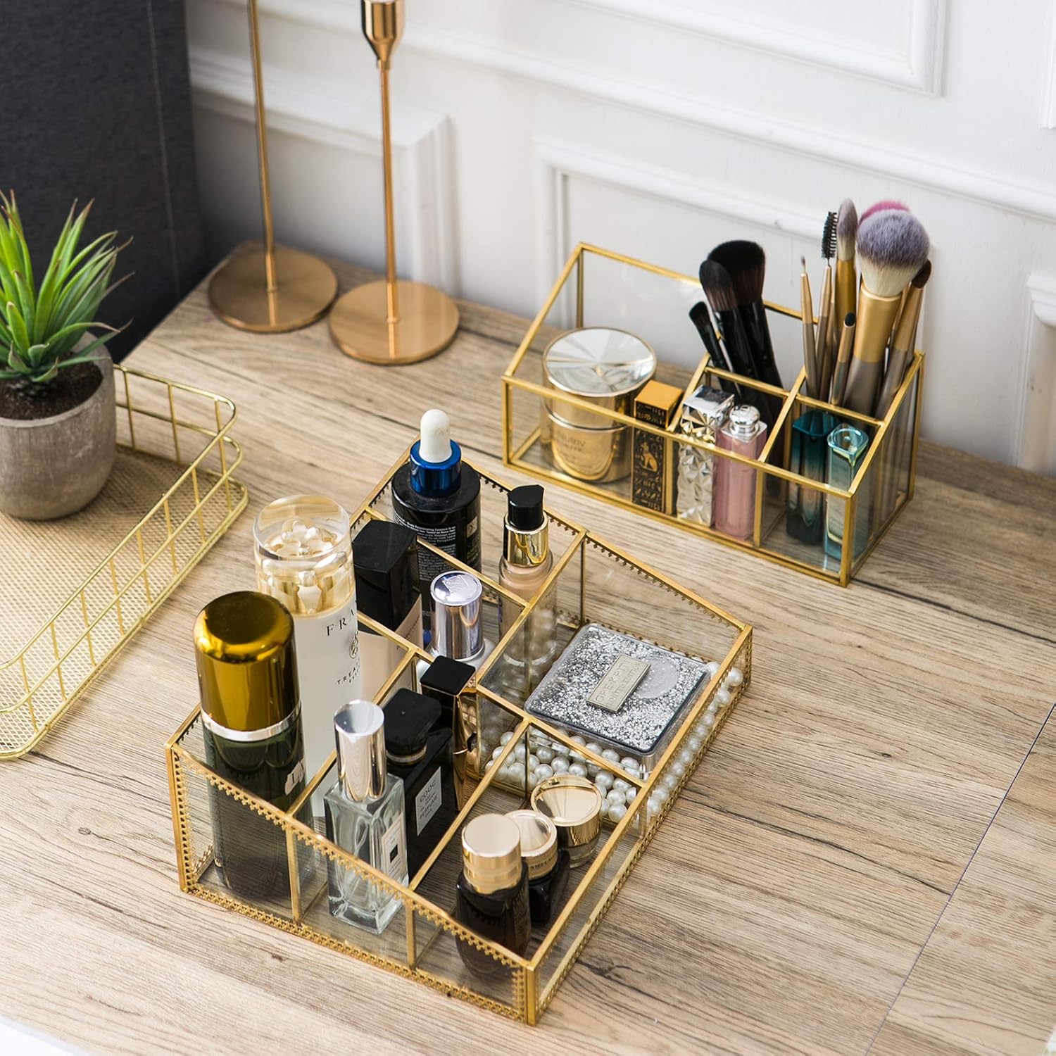 Smart Wyche Large Glass Makeup Organizer Gold Cosmetic Storage Display Case with 6 Compartments for Brushes Lipstick Perfume Concealers, Makeup Holder for Bedroom Bathroom, Easy Visibility - Metal: Home Improvement