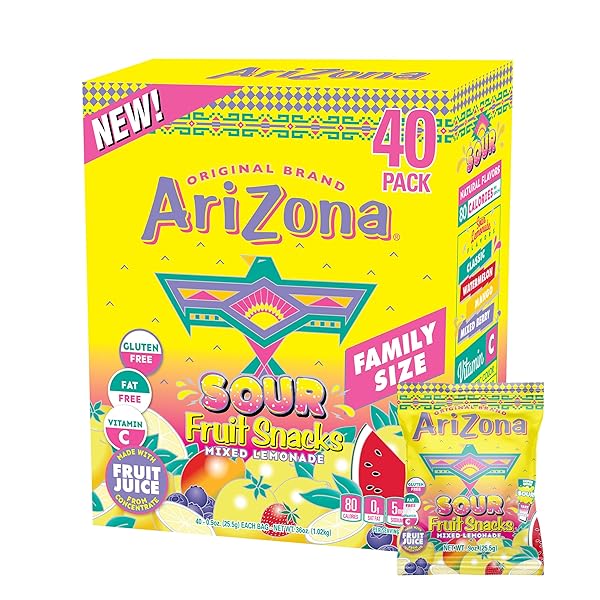 ARIZONA SOUR LEMONADE FRUIT SNACKS, SOUR LEMONADE – 0.9 OZ, 40 COUNT BOX