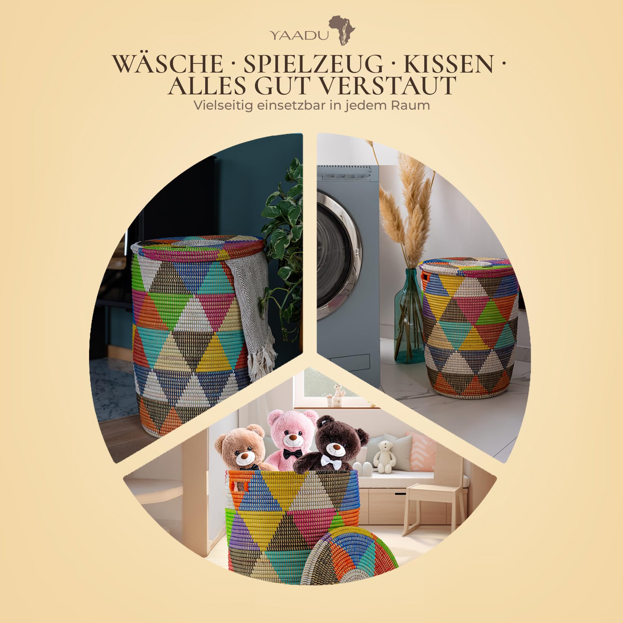 YAADU Wäschekorb mit Deckel 80L – Großer Wäschesammler mit Deckel, Geflochtene Wäschetonne, Boho Wäschekorb mit Henkeln, Wäschebehälter für Schmutzwäsche, Modell Khaliss (Bunte-Dreiecke-Flach) 5