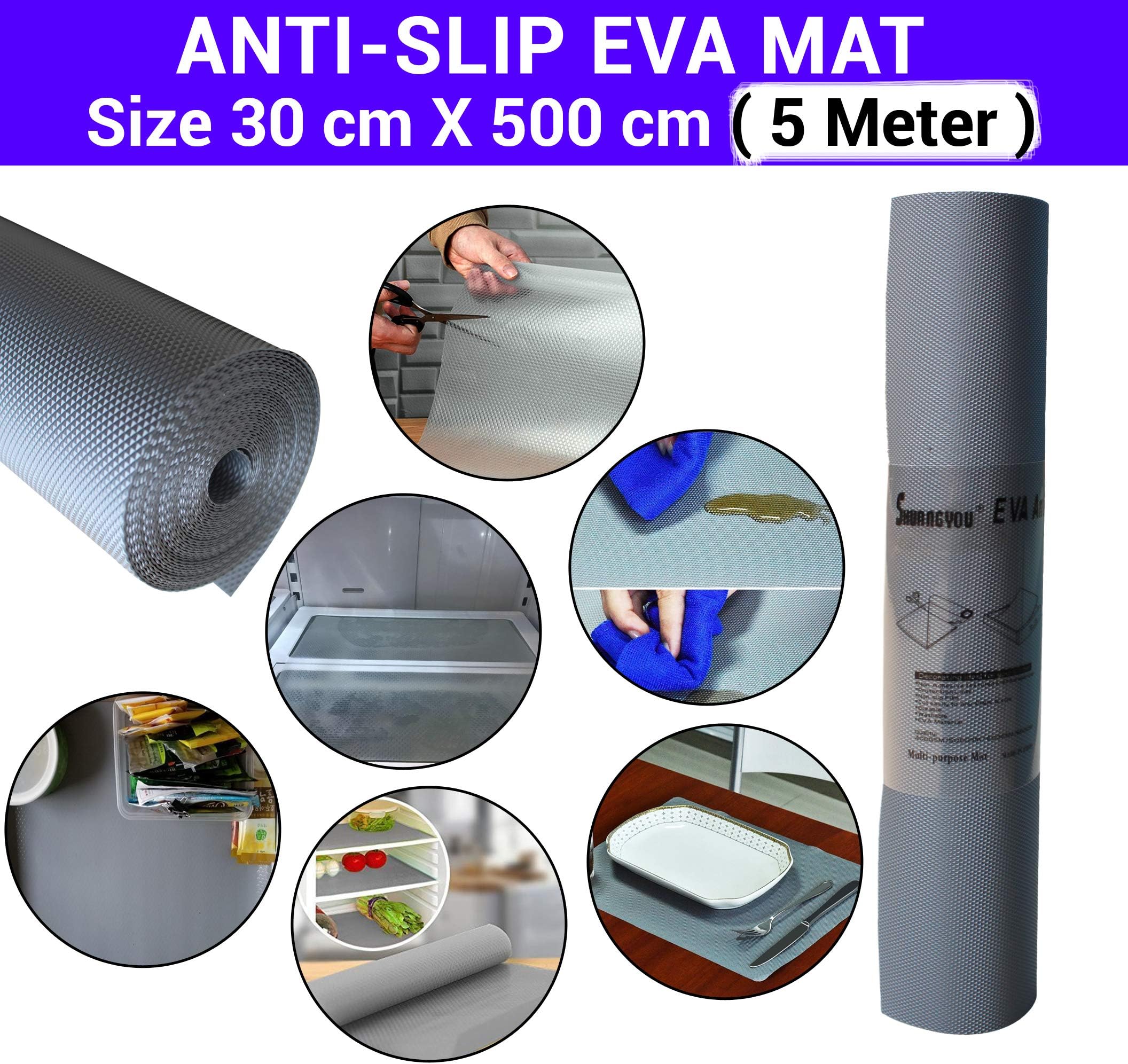 TIED RIBBONS Anti Slip Skid Resistant Grip EVA Mat for Kitchen Shelf Liner Cupboard Underlay Household Drawer Fridge 1 Roll(30 cm X 500 cm Or 5 mtr,EVA Mat)