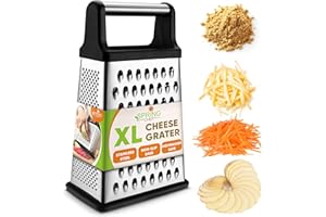 Professional Cheese Grater - Stainless Steel, XL Size, 4 Sides - Perfect Box Grater for Parmesan Cheese, Vegetables, Ginger -