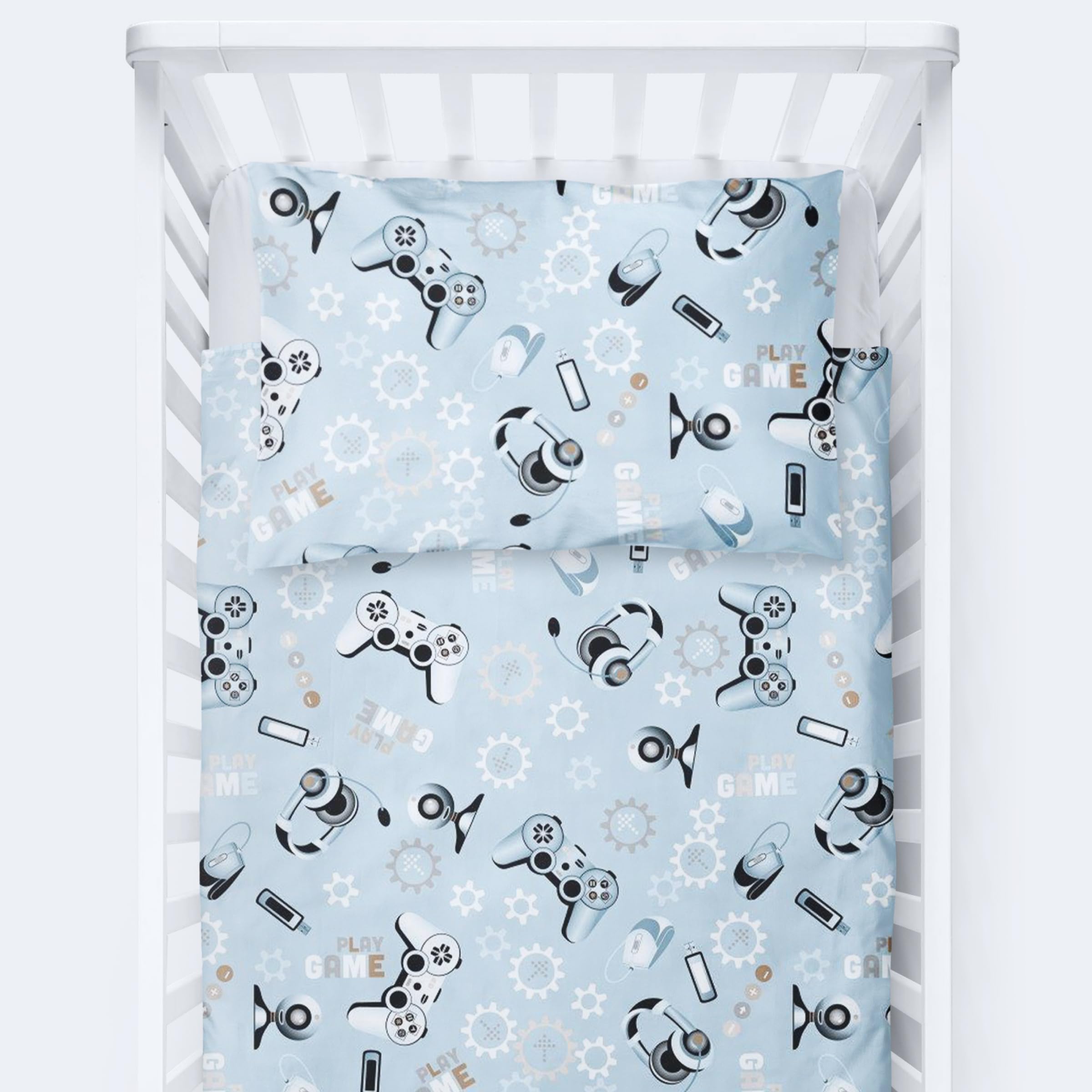 Baby Comfort 4 Piece Toddler Kids Cot Bed Set 135x100 cm Duvet Pillow Duvet Cover Pillowcase 12M+ (Games)