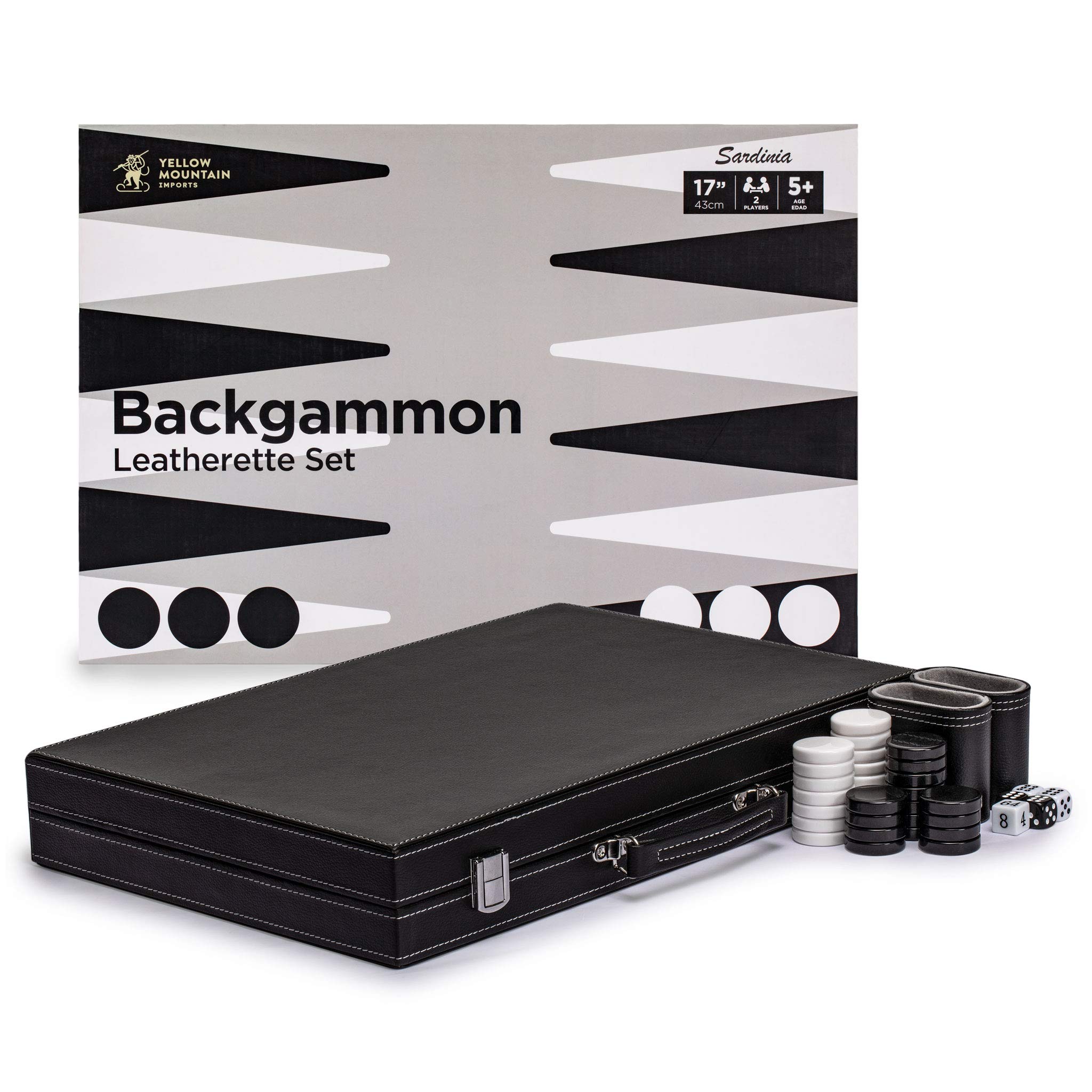 Yellow Mountain Imports Leatherette Backgammon Set, Antalya with Acrylic Checkers and Accessories - 17-inch Folding Board