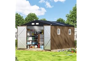 MISTMO 10X12X7.5 FT Outdoor Steel Storage Shed with Lockable Doors, 2 Windows, Transparent Roof Panels (Wood Panels & Frame Floor Not Included), Ideal for Patio Storage,Garbage Can, Chicken Coop，Brown