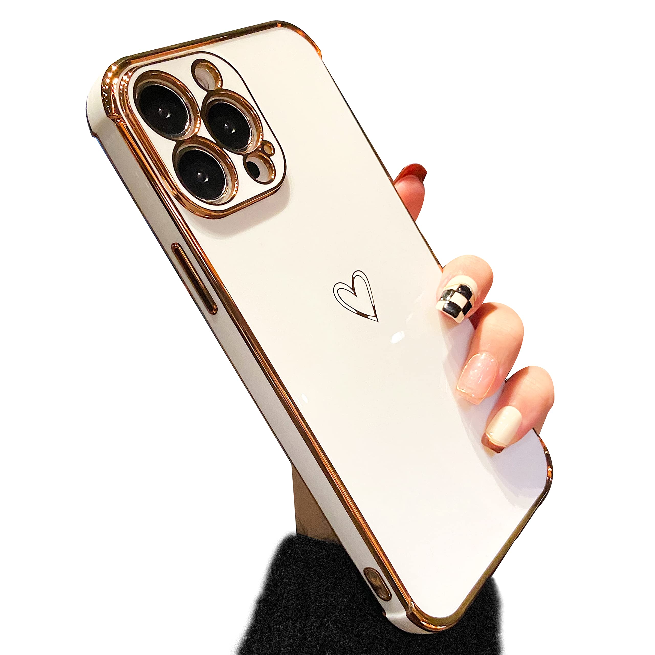 ZTOFERA Compatible with iPhone 12 Pro Max (6.7-Inch) Case for Girls Women, Flexible Silicone Protective Phone Case with Cute Heart Pattern Gold Edging Shockproof Bumper Cover, White