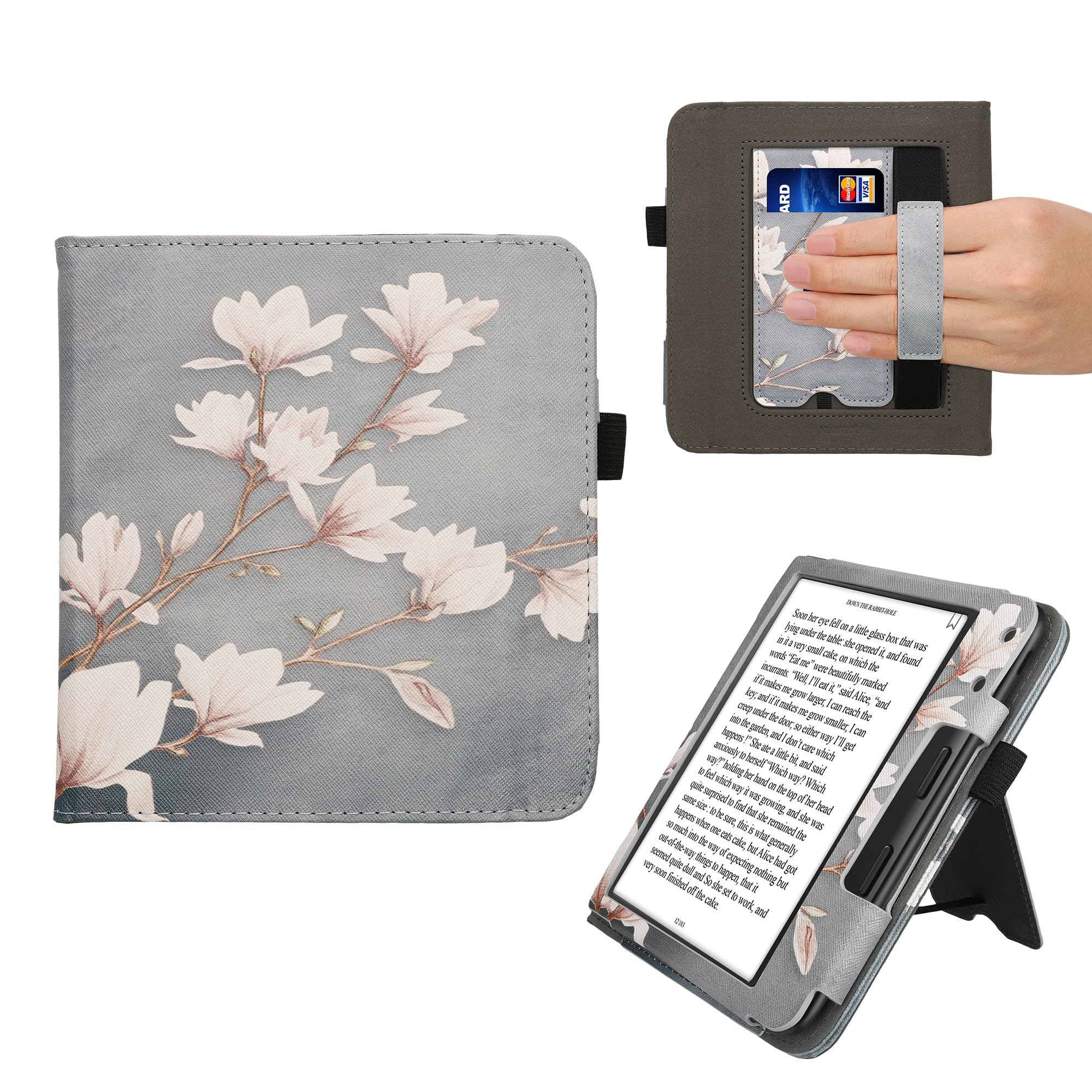 kwmobile Case Compatible with Kobo Libra Colour - Case PU Leather Cover with Magnet Closure, Stand, Strap, Card Slot - Magnolias Taupe/White/Blue Grey