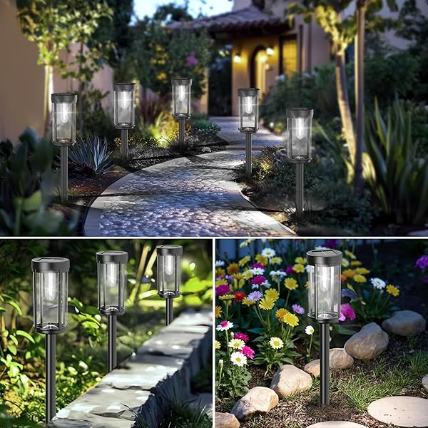 DAMAYCA 12 PACK SOLAR LIGHTS OUTDOOR WATERPROOF FOR GARDEN WALKWAY PATHWAY LAWN YARD DECORATIVE MODERN LANDSCAPE LIGHTING. (COOL WHITE LIGHT, 12)