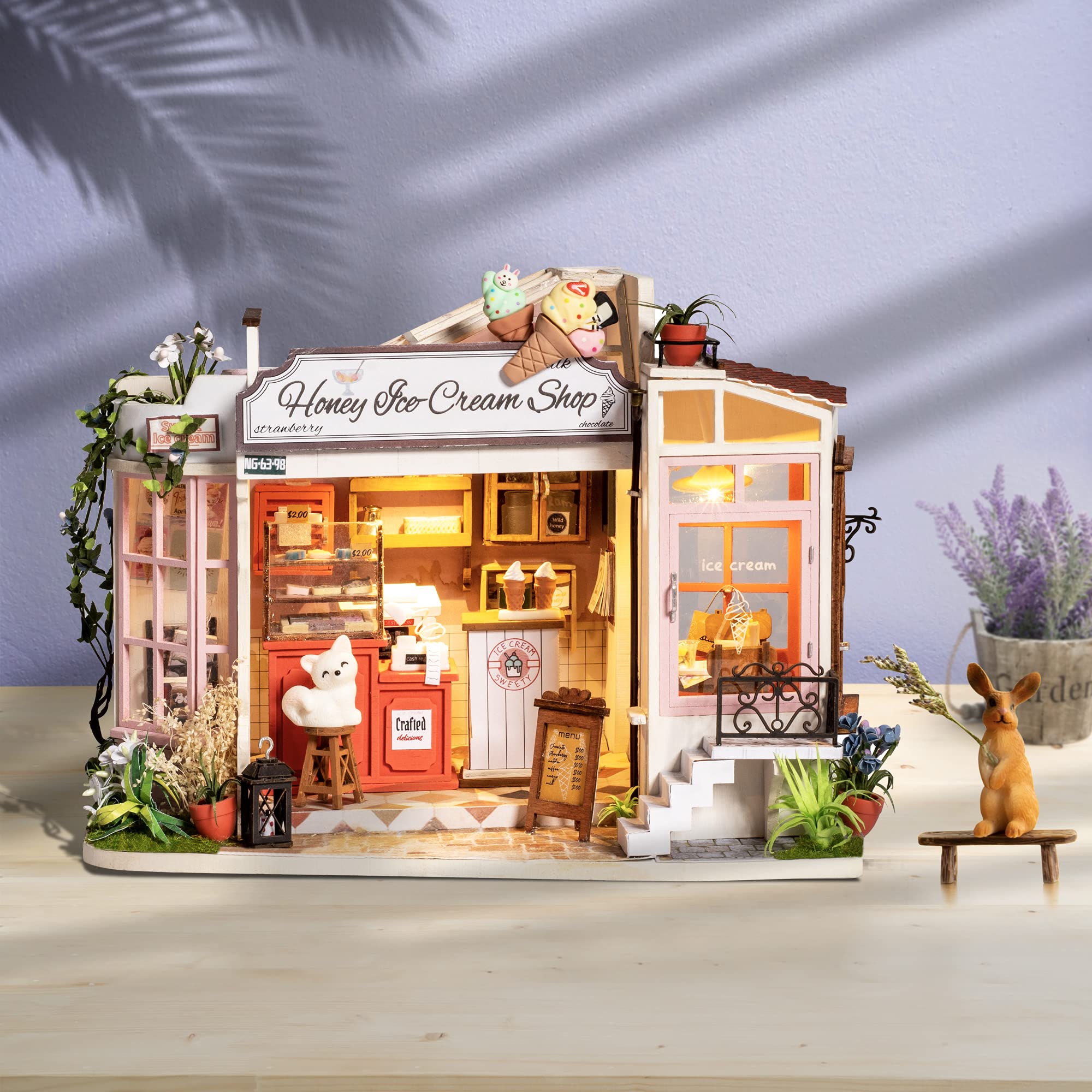 ROBOTIME Dollhouse Miniature with LED Wooden Miniature Craft Kits for Adults DIY Model Ice-Cream Shop Kits Creative Gift