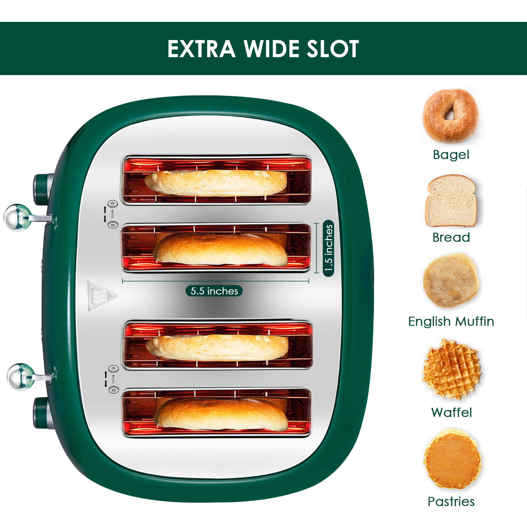 Roter Mond Tostadora de 4 rebanadas Retro de acero inoxidable con función de cancelación de descongelación de bagel, 6 configuraciones de dorado, ranura extra ancha y bandeja recogemigas extraíble, verde, ST033