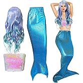 Cindeer Halloween Mermaid Costume for Women, Sequin Mermaid Crop Tops Strapless Metallic Tube Tops, Tail Skirt, Curly Wig