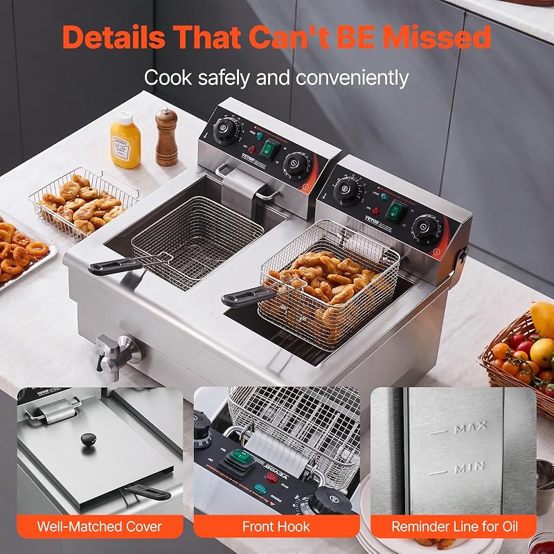 Friteuse Électrique Commerciale 11L x 2 Cuves 3000W x 2 Friteuse à Huile en Inox avec 2 Paniers à Frire Température et Temps Réglable 50-200°C pour Rondelles d’Oignon Poulet Frit Snack-Bars