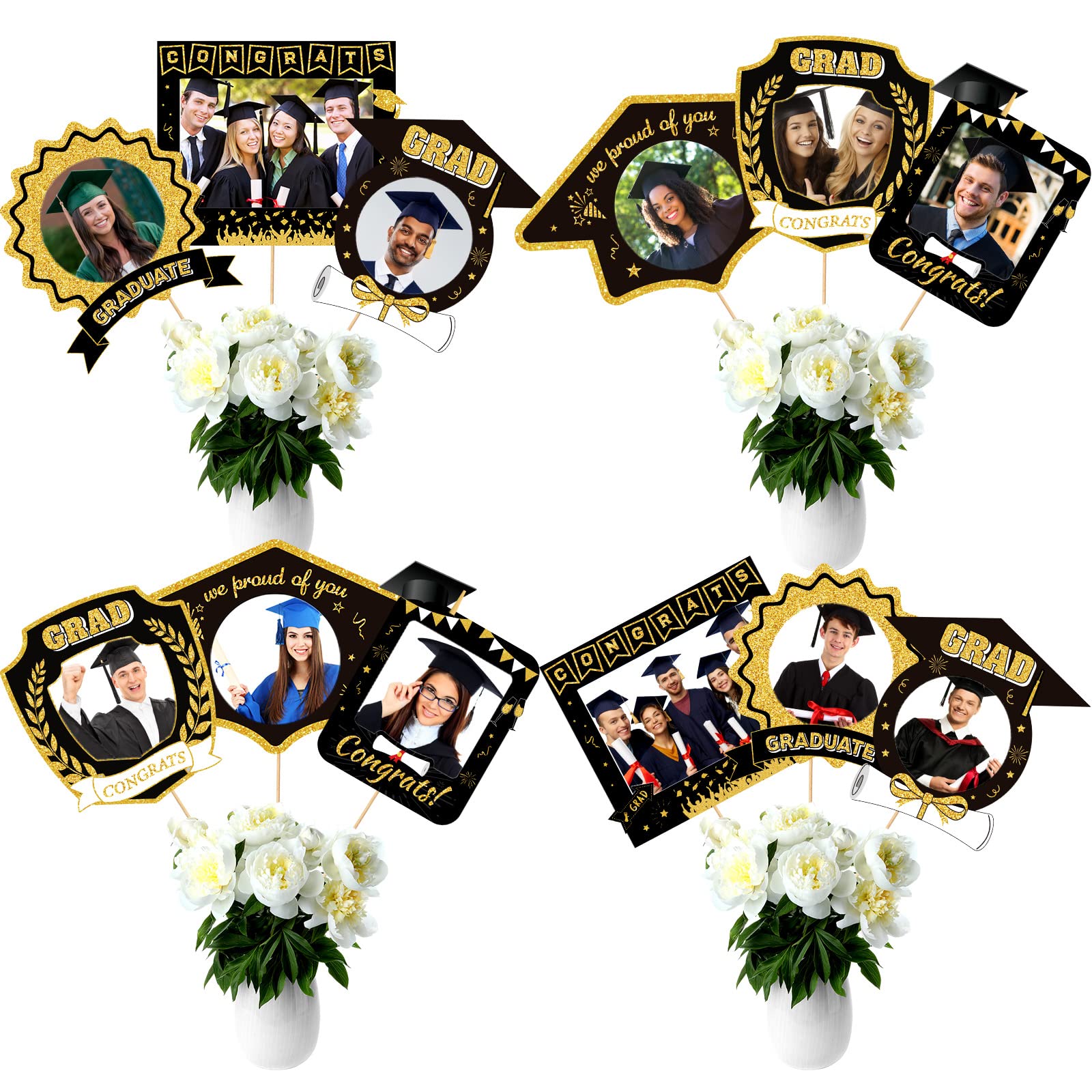 Photo 1 of 24 Pcs Graduation Party Picture Centerpiece Sticks Double-Sided Graduation Photo Table Toppers Black Gold Table Centerpieces, Vertical and Horizontal 4" x 6" Picture Holders for Congrats Grad Party