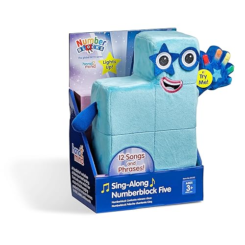 hand2mind Sing-Along Numberblock Five Plush, Music Toys, Numbers for Toddlers, Preschool Learning Math Toys, Light Up Stuffed Animal Plushies, Counting Blocks, Soft Stuffies, Kids Birthday Gifts