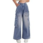 EXARUS Girls Baggy Jeans Cargo Wide Leg Pants Denim Teen with Pockets Back Elastic Waist Mid Rise Casual 8-14Y