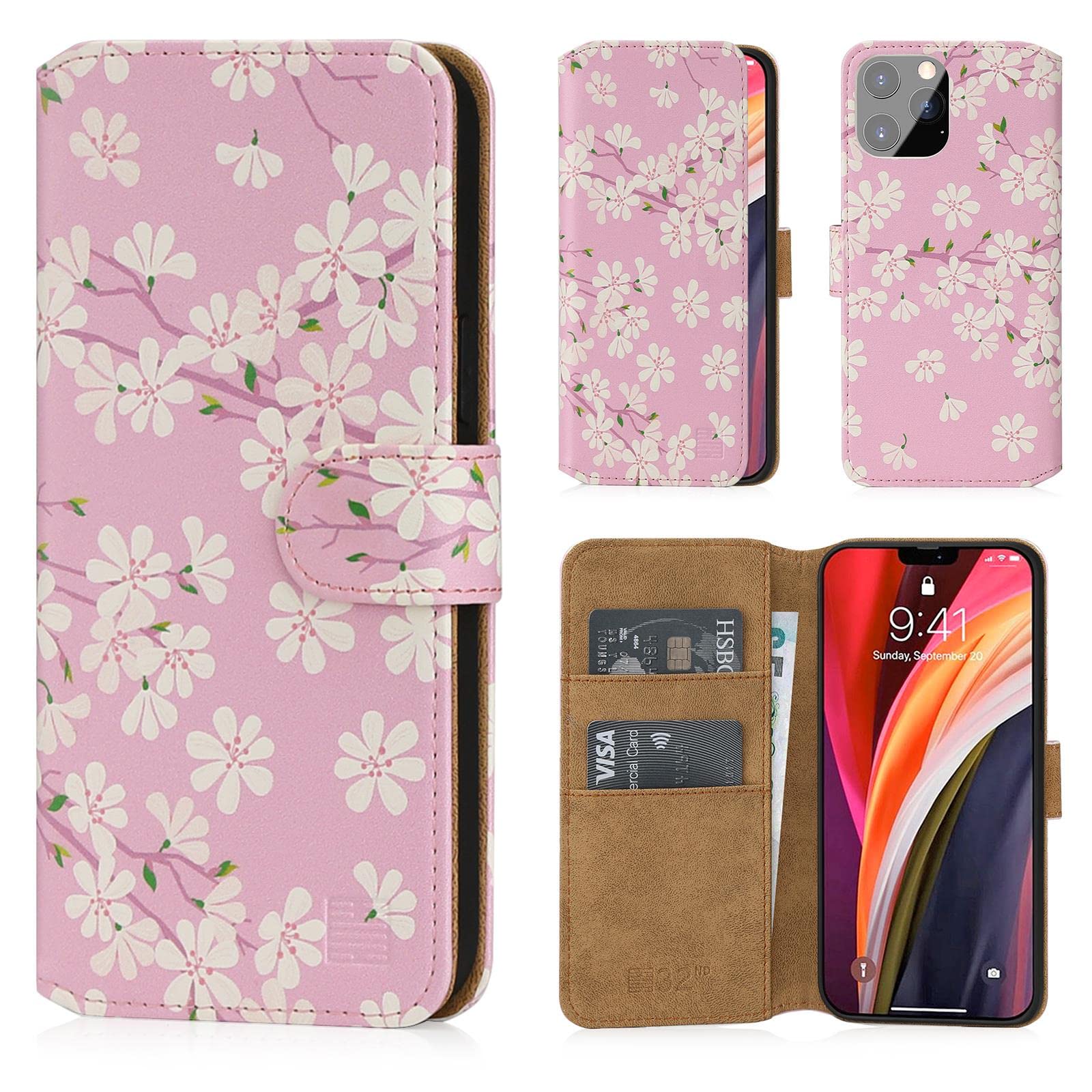 32nd Floral Series 2.0 - Design PU Leather Book Wallet Case Cover for Apple iPhone 12 Pro Max (6.7"), Designer Flower Pattern Wallet Style Flip Case With Card Slots - Cherry Blossom