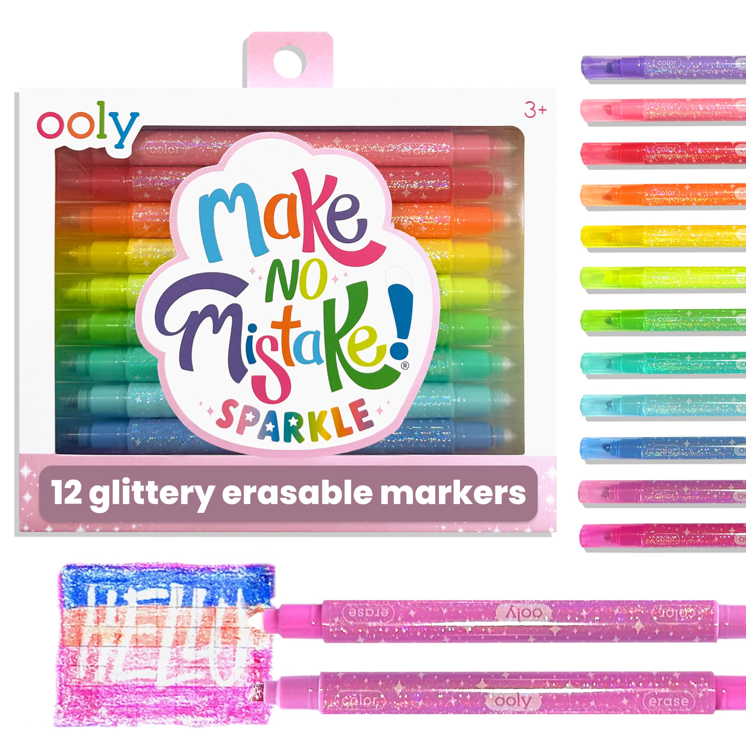 Ooly Make No Mistake Glittery Erasable Markers, 12 Stress and Mess Free Sparkle Markers You Can Erase, Colorful Supplies for Any Arts & Crafts