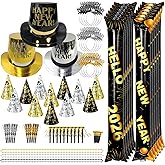 SERTAS 94PCS New Years Eve Party Supplies 2026,Happy New Years Decorations Party Favors Includes Top Hats, Glasses ,Cone Hat,Noisemakers,Necklaces Accessories