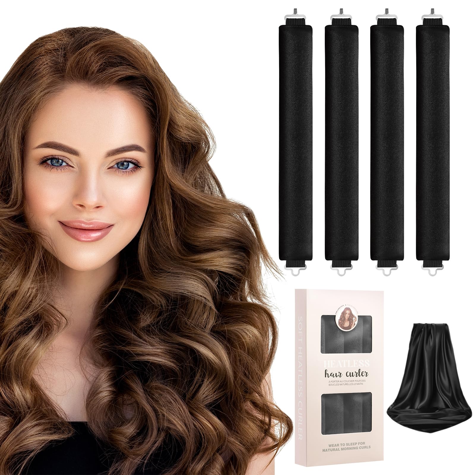 LOPHE 4 Pcs Heatless Hair Curler, Heatless Curls Blowout Rods Headband with Hair Scarf, Overnight Soft Hair Roller Rods with Hook, Long Hair Styling Tools for Women Gift, Black