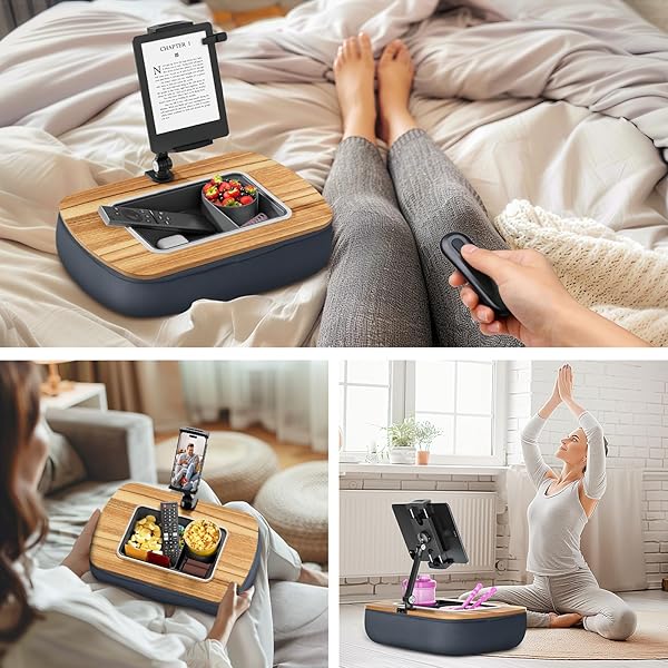 ERGONOV TABLET PILLOW STAND FOR LAP USE,ADJUSTABLE IPAD HOLDER WITH SNACK BOWL,360° ROTATING CLIP FOR 4.7-13″ KINDLE,PHONE,TABLET.IDEAL FOR HANDS-FREE READING AND RELAXATION ON BED,COUCH,RECLINER,GRAY