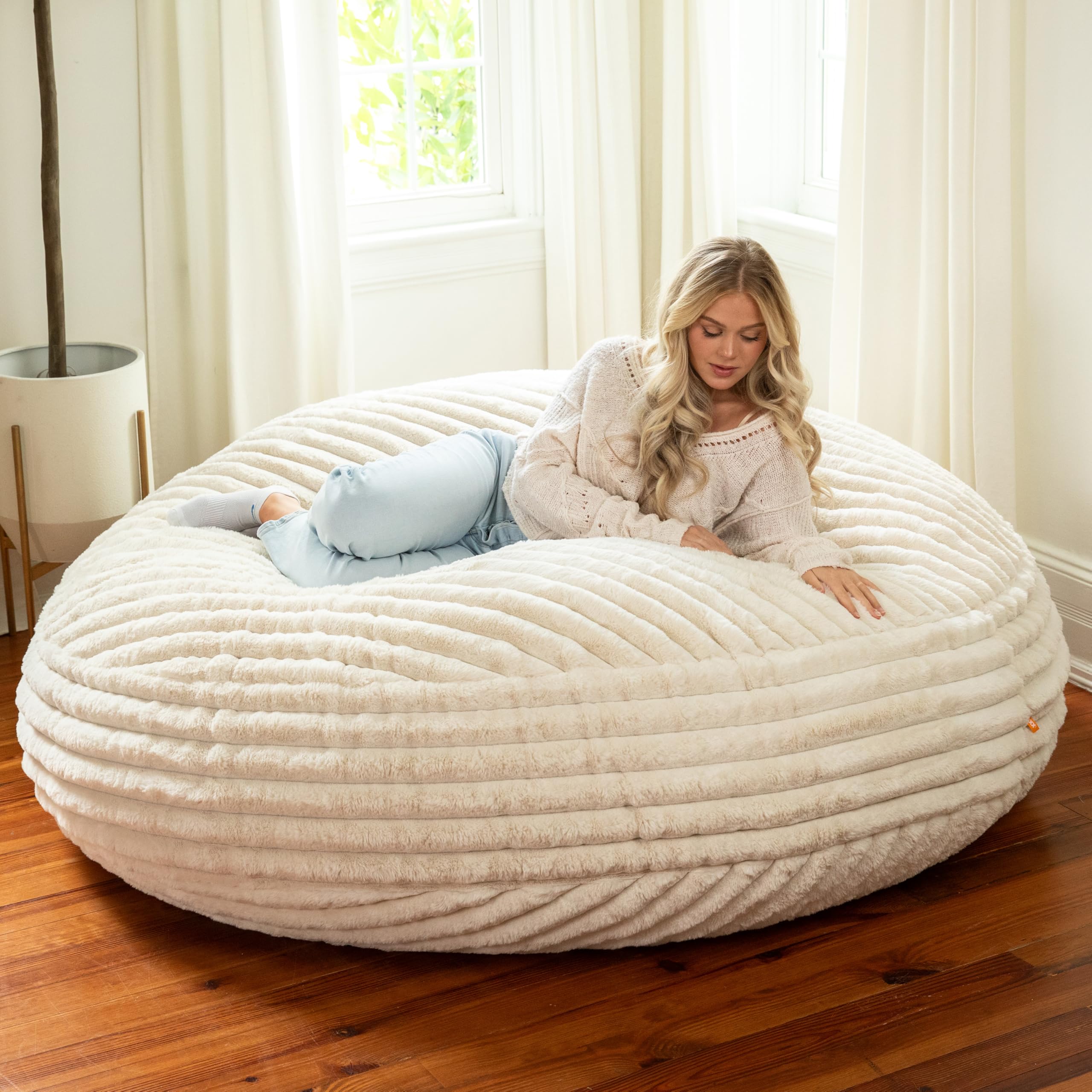 Jaxx 6 Foot Cocoon - 2-in-1 Convertible Bean Bag Bed & Large Bean Bag Chair for Adults, Premium Luxe Faux Fur - Mondo Ivory Image