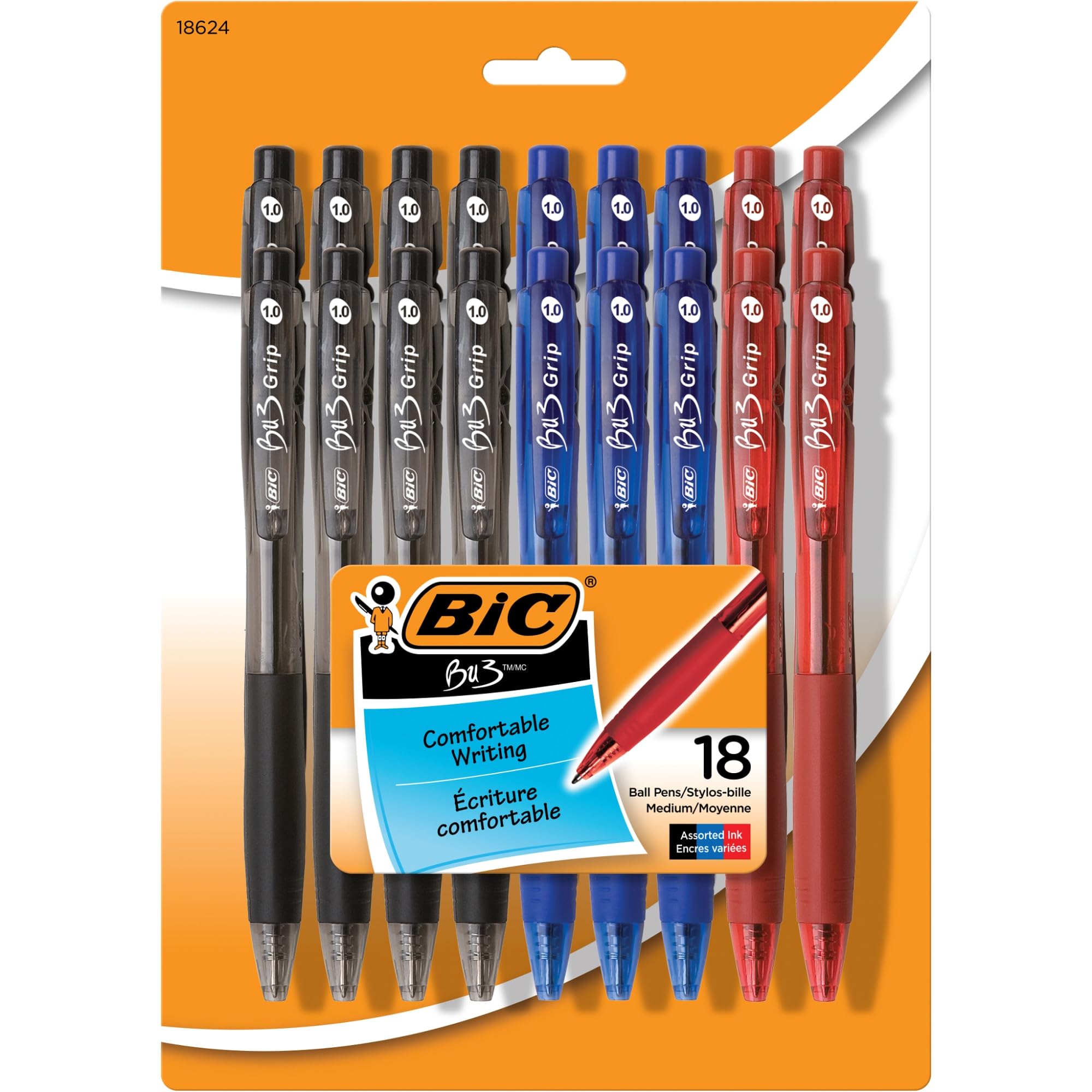 BIC BU3 Grip Ball Pen, Medium Point (1.0 mm), Assorted, 18-Count by BIC