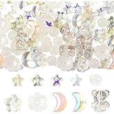 MakemadeDIY Assorted 122Pcs Glass Beads for Jewelry Making Including 8 Styles Transparent Star Flower Round Bear Moon Pink Glass Bracelets Necklaces Earrings Beads