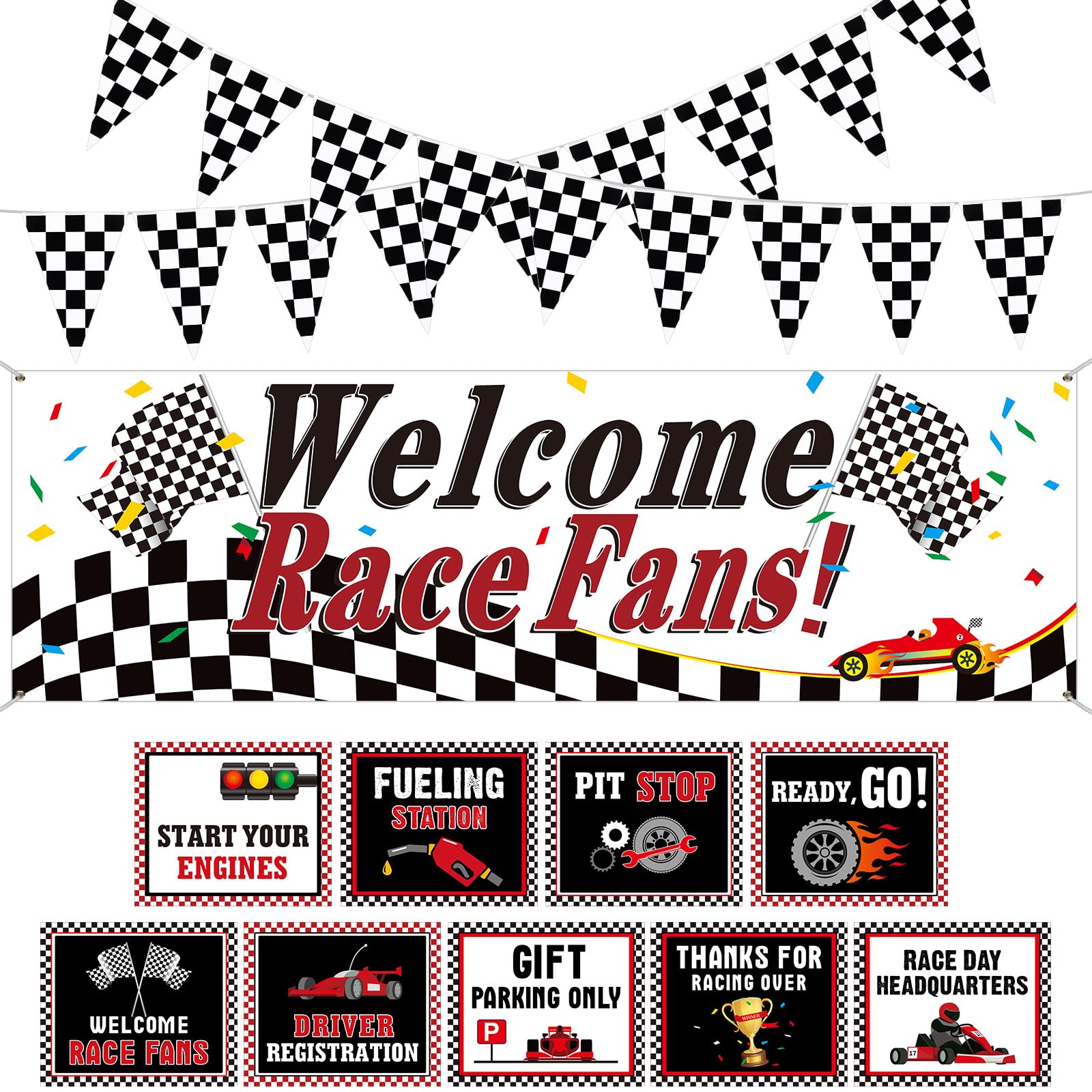Photo 1 of Tiamon Racing Car Party Decorations Set 9 Racing Party Signs 2 Black and White Checkered Flags Pennant Banner 1 Welcome Race Fans Banner Backdrop Race Car Birthday Supplies