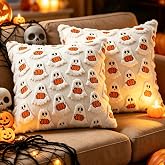 Halloween Ghost Pillow Covers Set of 2-18x18, Cream Plush Fluffy Washable | Spooky Halloween Fall Decor,Soft Faux Fur Wool, Velvet Throw Pillows Case for Couch Sofa Bed Porch Living Room Chair Home