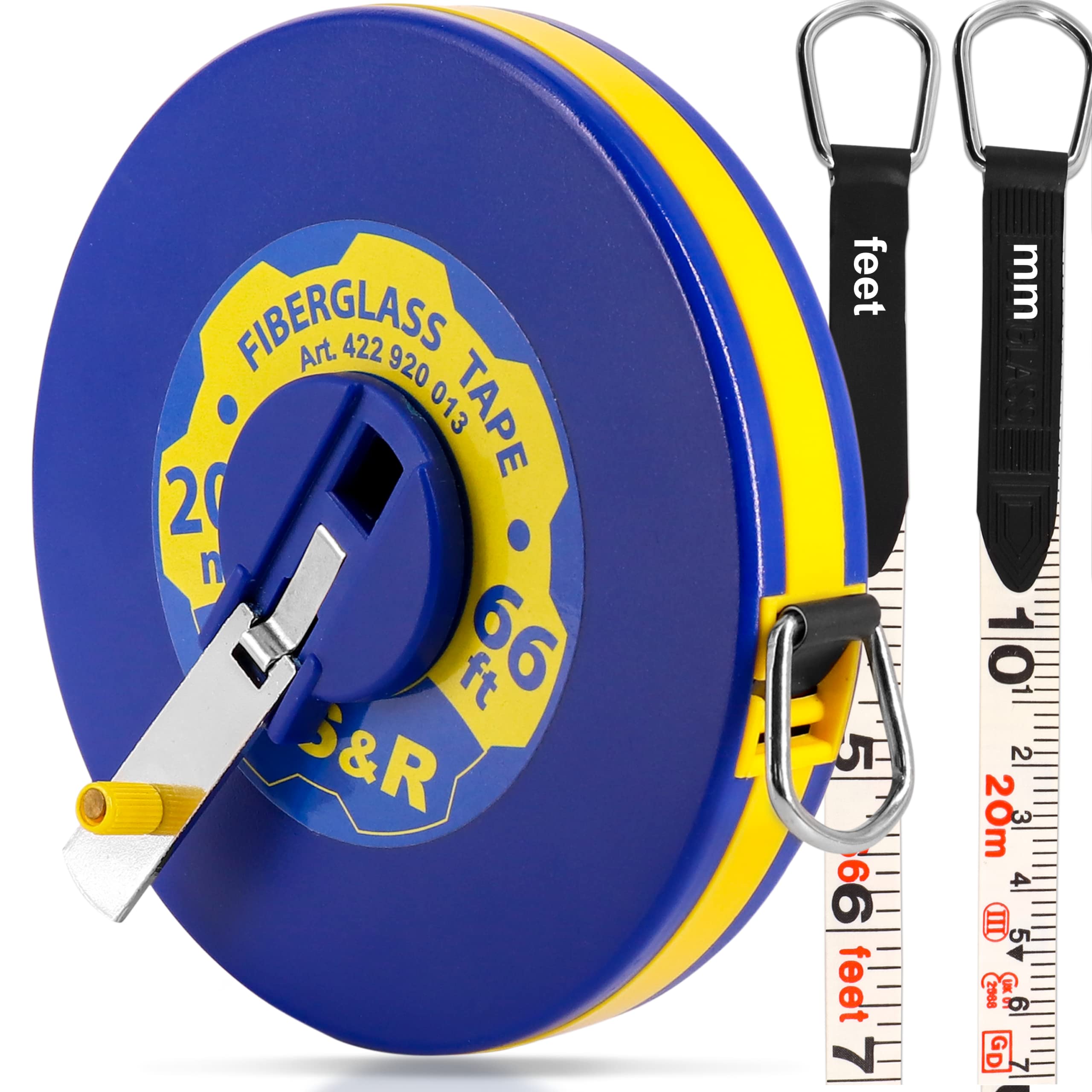 S&R Tape Measure Open Reel Surveyors Fibreglass 20 m/ 66 Ft INCH and Metric, Twice Marked, Width 13 mm
