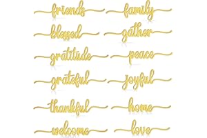 BORAMDO Thanksgiving Script Wood Word Cutout Plate Decoration Signs 12Pcs, Thankful Grateful Blessed Gather Family Wooden Sign Home Decor Wall Art Table Decorations, Rustic Letter Place Setting Sign (Gold)