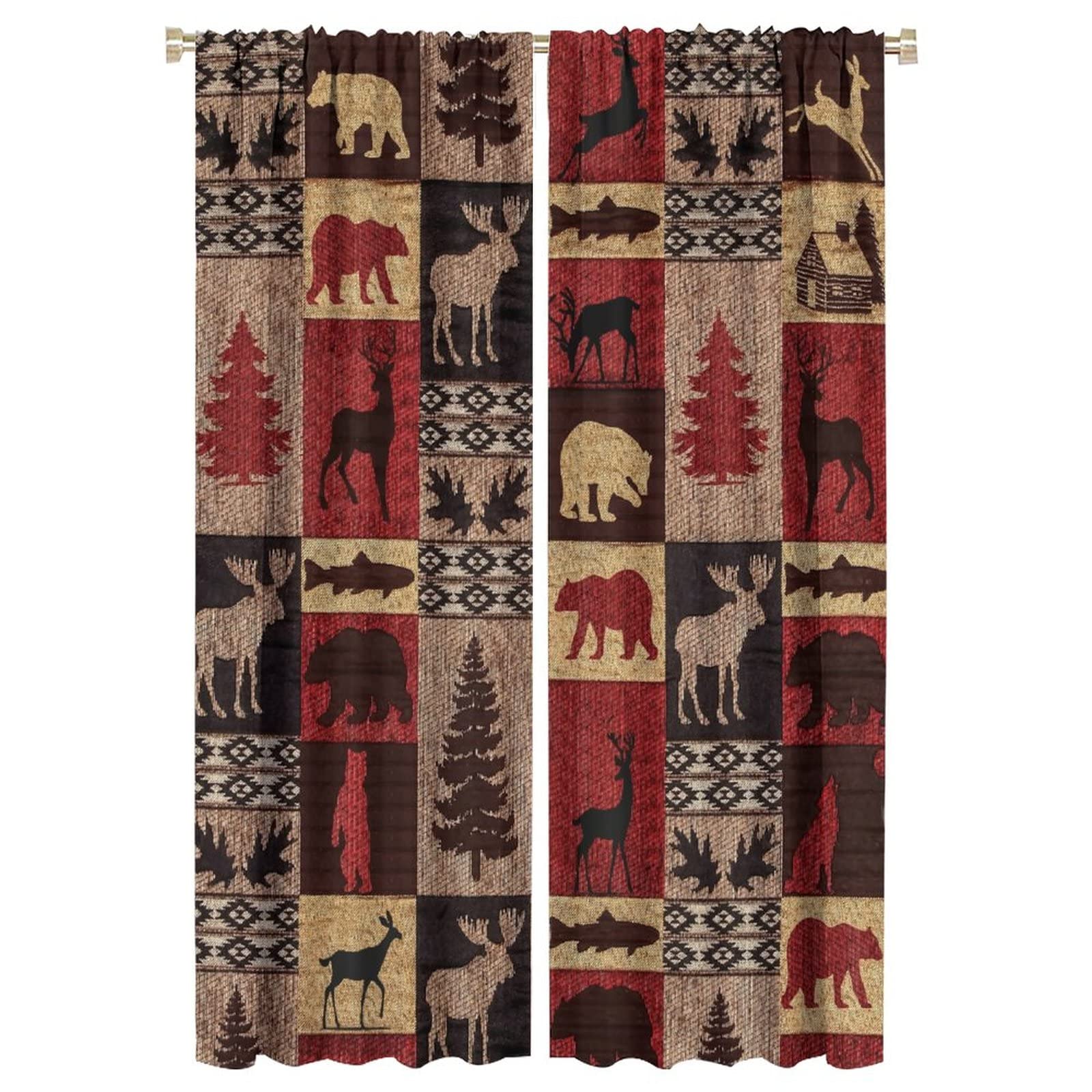 Photo 1 of Kazynee Vintage Check Black Bear Blackout Curtains for Living Room,Rustic Country Farmhouse Cabin Elk Tree Plaid Window Drapes - Thermal Insulated Noise Reduction,42x63in Room Darkening Curtains
