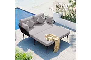 XD DESIGNS Outdoor Patio Daybed Double Reclining Chairs with Woven Nylon Rope Backrest and Washable Cushions, All Weather Patio Sunbed Lounge Chair Conversations Sofa with Pillows for 2 Person (Black-2ST)