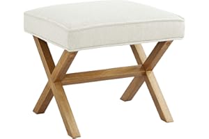 Amazon Basics Small Ottoman Foot Rest, Mid-Century Modern X Square Polyester Foot Stool, Linen, Ivory White, 18"D x 19.8"W x 18.3"H