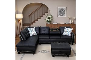 Topcomfy 97.5" L Shaped Couch Set, Modular Sectional Couches for Living Room with Storage Ottoman, 4 Seat Home Sofa Living Room Furniture Sets with Chaise for Apartment Office (Leather, Black)