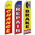 Oil Change Auto Repair Brake Services Swooper Flag Pack of 3 - Durable 11.5ft x 2.5ft Advertising Flagspole with Wind-Resistant & Weather Proof Material - Includes Three King-Sized Flags Sign Car Shop