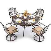 Attliasalon Outdoor Dining Set Cast Aluminum Retro Patio Dining Set with Thicker Cushion and Umbrella Hole for Patio Deck (Bronze Swivel Chair(Elizabeth), 5 Pcs(54" Round Table))