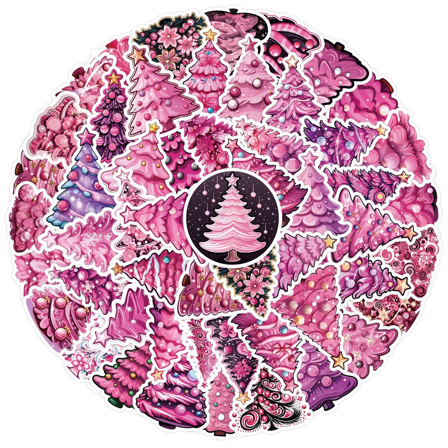 50Pcs Pink Christmas Tree Stickers Laptop Car Scrapbook Phone Skateboard Suitcase Luggage Bike Stickers Vinyl Waterproof Aesthetic Personalised Stickers for Teens Boys Girls Adults Children
