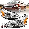 TUSDAR Headlight Assembly Fit for 2013 2014 2015 Nissan Altima 4-Door Sedan Halogen Replacement Chrome Housing Amber Reflector Driver & Passenger Side Bulbs Included