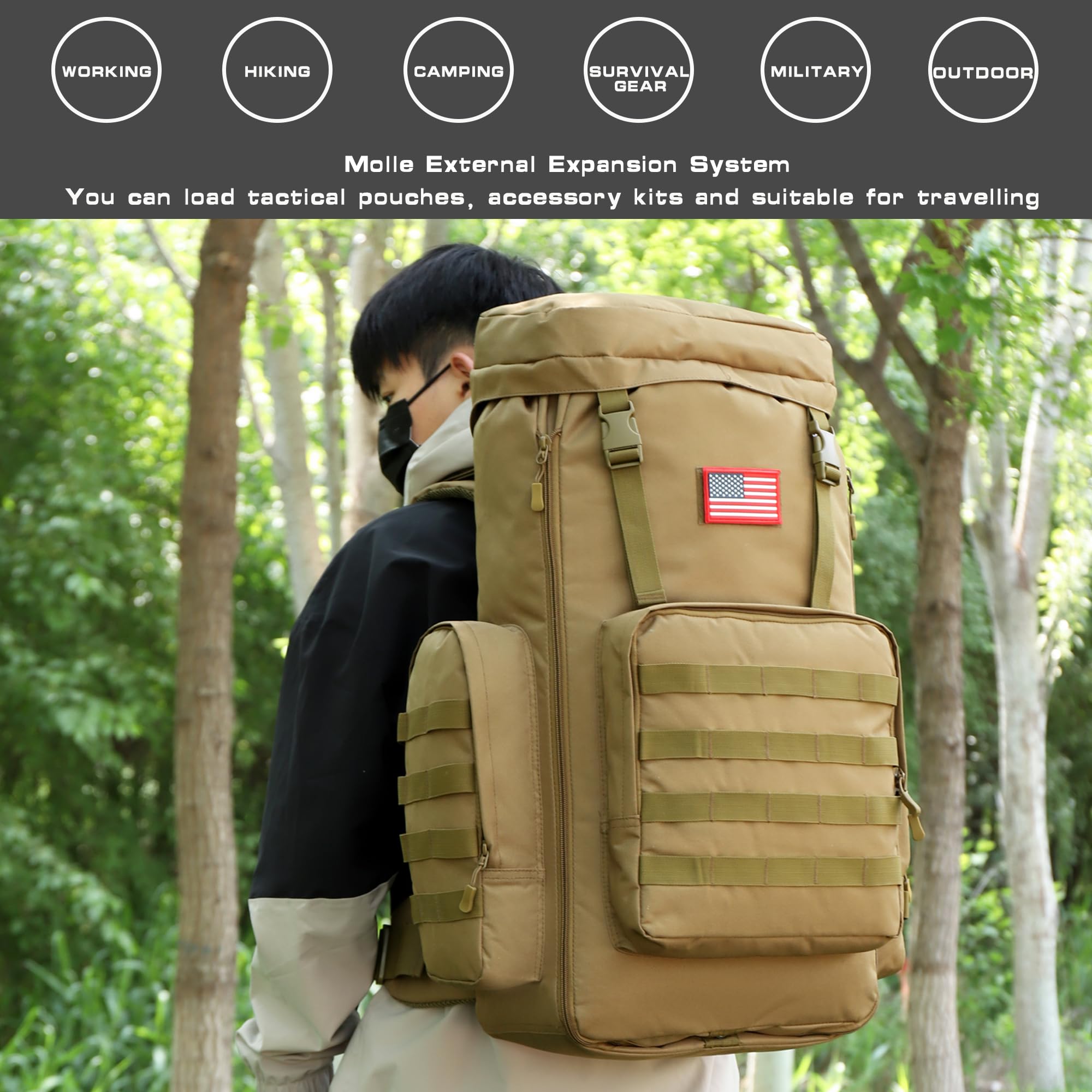 4land Big Camping Backpack for Men, Extra Large Hiking Backpack for Travel, 60L70L85L Oversized Waterproof Military Rucksack